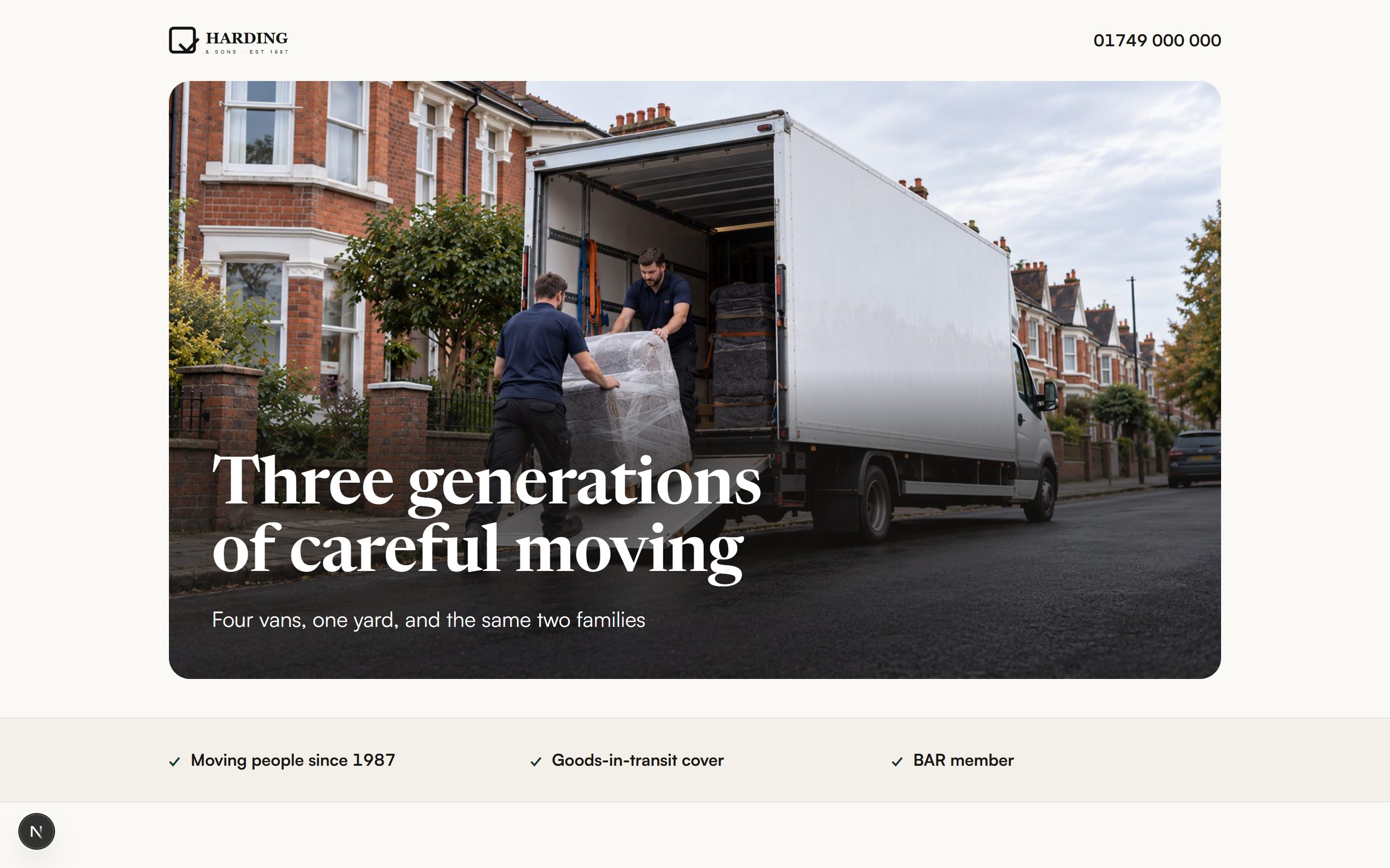 The established arrangement: a full-width hero image of a removals van with the headline 'Three generations of careful moving', above a band reading 'Moving people since 1987 · Goods-in-transit cover · BAR member'.