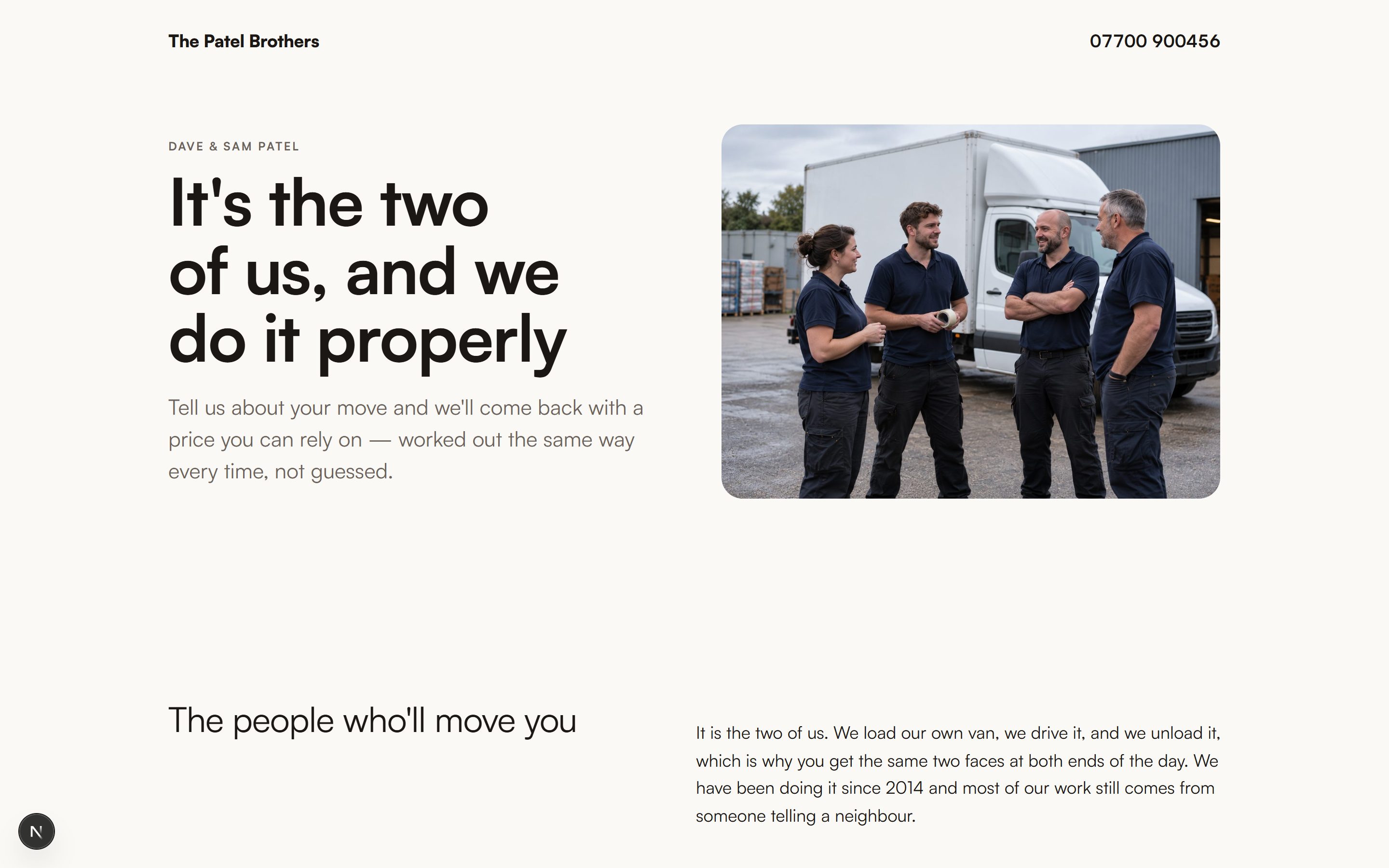 The family arrangement: a photograph of the crew beside the headline "It's our name on the van, and we do it properly", followed by customer reviews and a list of services.