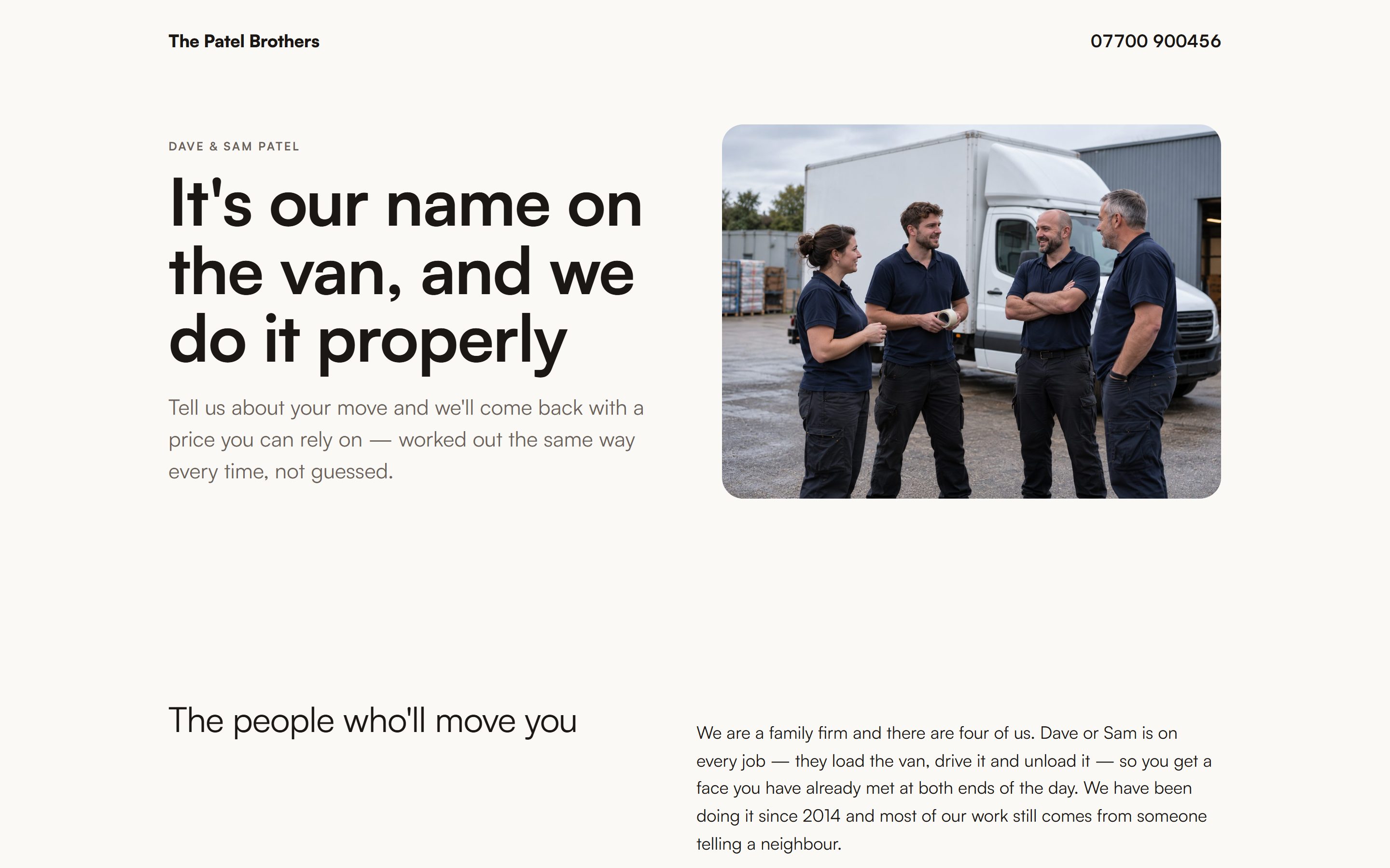 The family arrangement: a photograph of the crew beside the headline "It's our name on the van, and we do it properly", followed by customer reviews and a list of services.