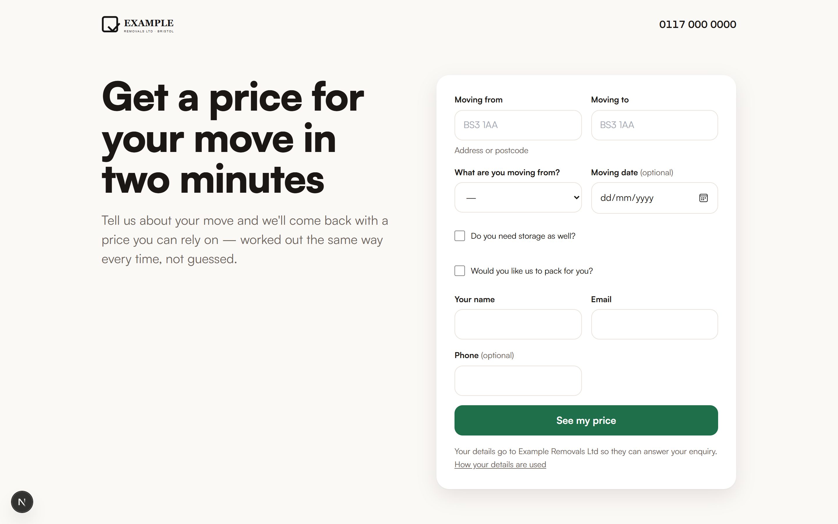 A removals firm's own website in the modern arrangement: a headline reading 'Get a price for your move in two minutes' beside a quote form asking for the addresses, property size and move date.