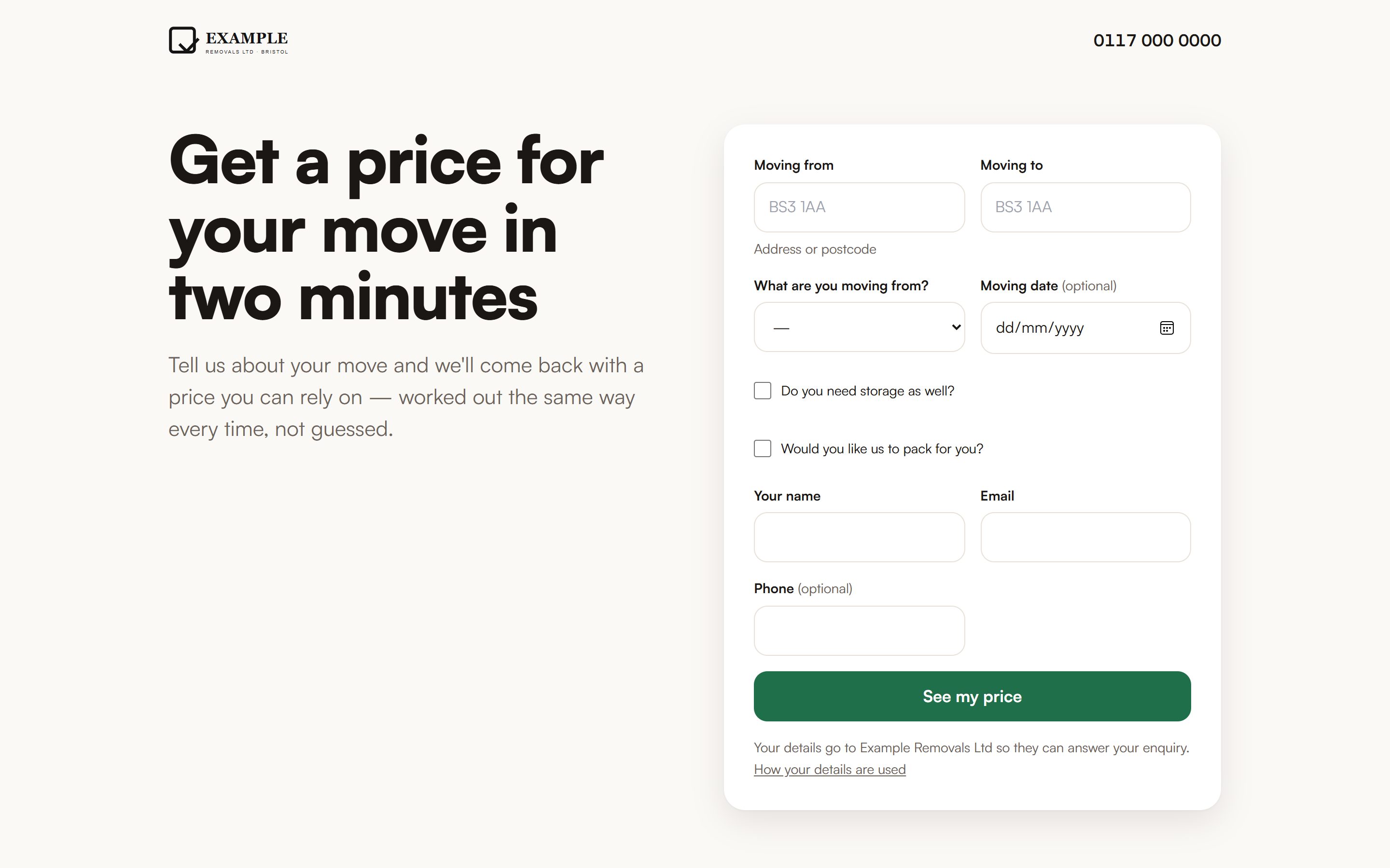 A removals firm's own website in the modern arrangement: a headline reading 'Get a price for your move in two minutes' beside a quote form asking for the addresses, property size and move date.