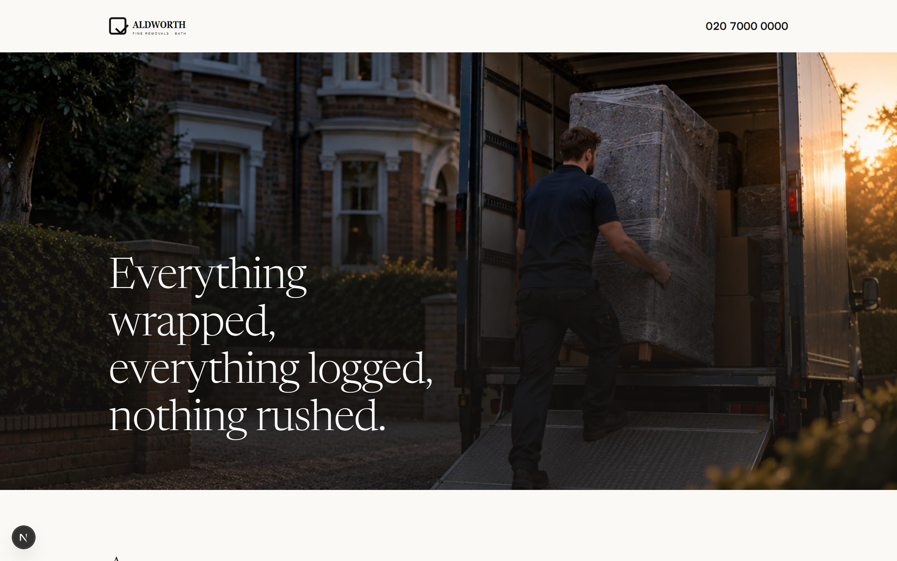The premium arrangement: a single full-bleed image with one short promise over it and very little else on the page.