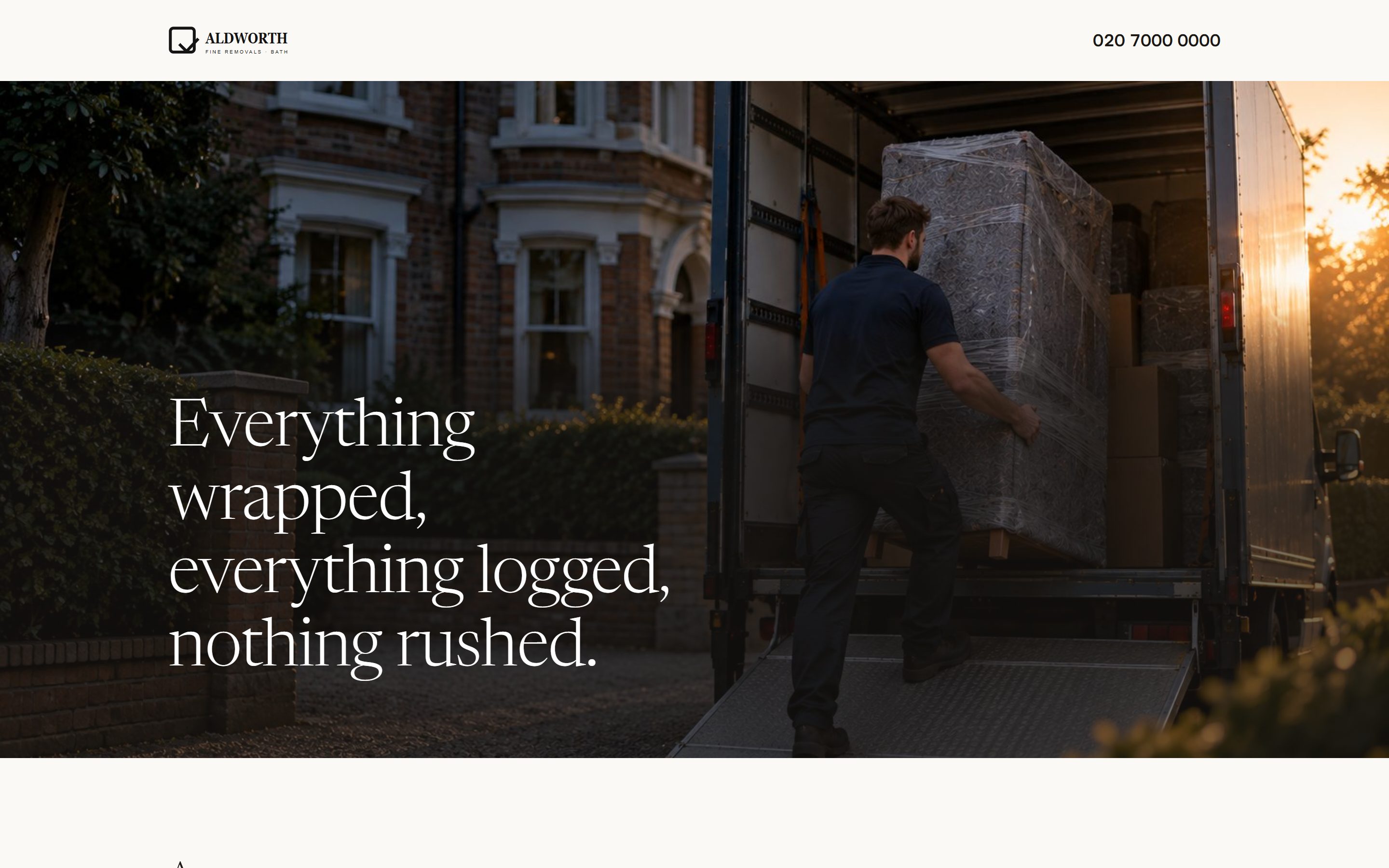 The premium arrangement: a single full-bleed image with one short promise over it and very little else on the page.
