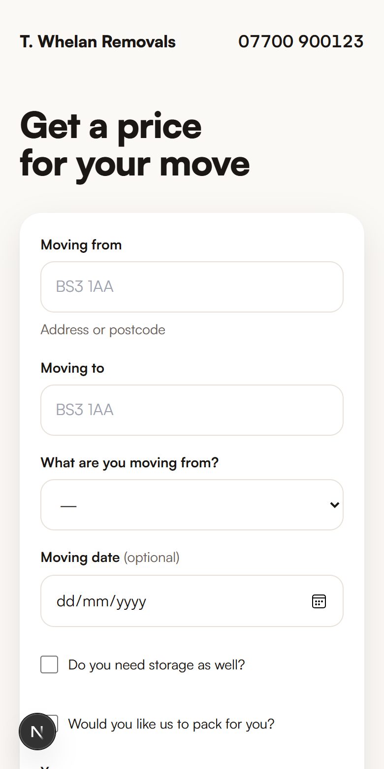 The same product given only a business name and a phone number: a complete phone-sized page with a headline, a working quote form and a footer — no empty sections and no placeholder text.