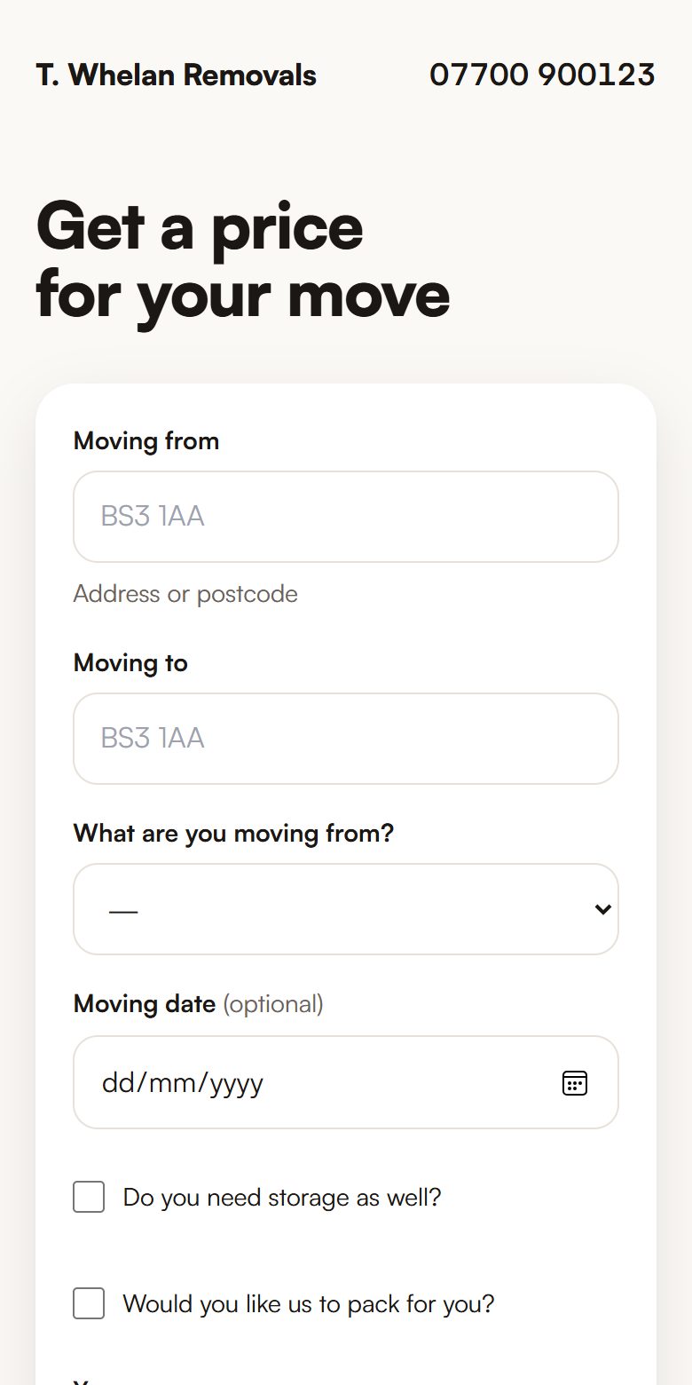 The same product given only a business name and a phone number: a complete phone-sized page with a headline, a working quote form and a footer — no empty sections and no placeholder text.