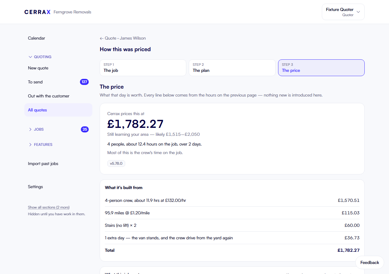 Step 3, The price: Cerrax prices this at £1,782.27, still learning the area so likely between £1,515 and £2,050, four people over about 12.4 hours across two days. Below, 'What it's built from' lists the crew time, the mileage, the stairs and an extra day, totalling £1,782.27, stamped with engine version v5.78.0.