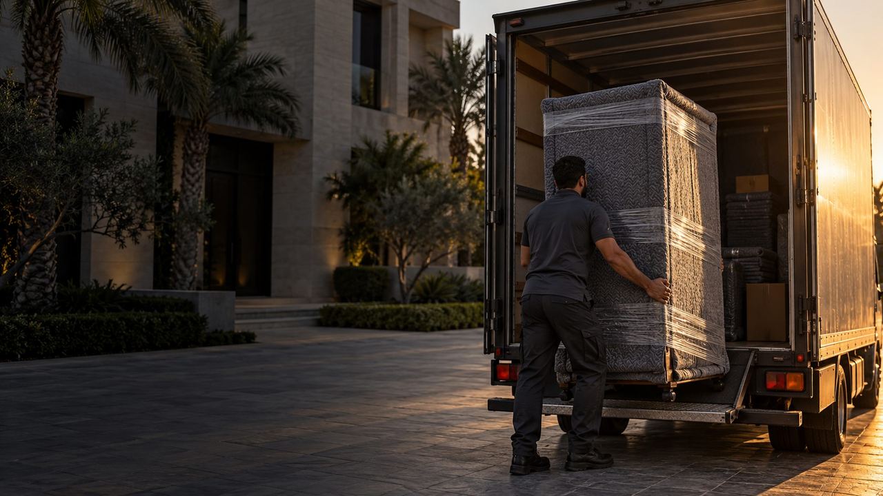 A wrapped wardrobe going into the van in the evening light