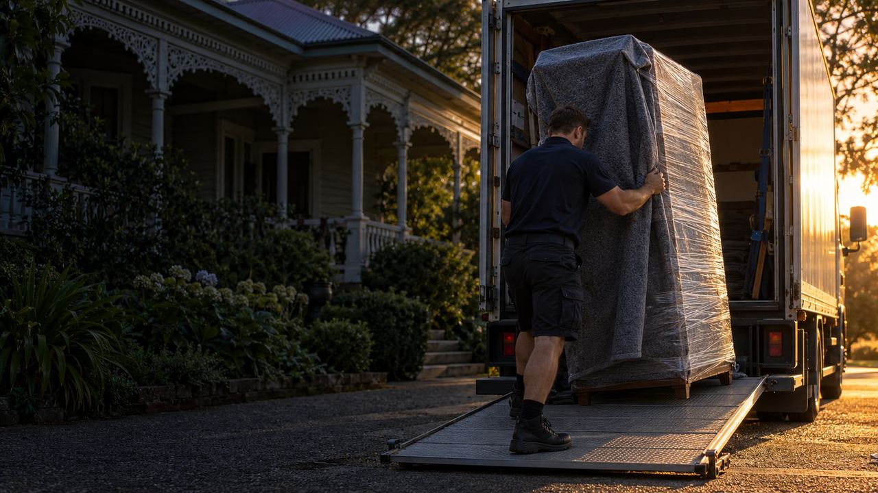 A wrapped wardrobe going into the van in the evening light