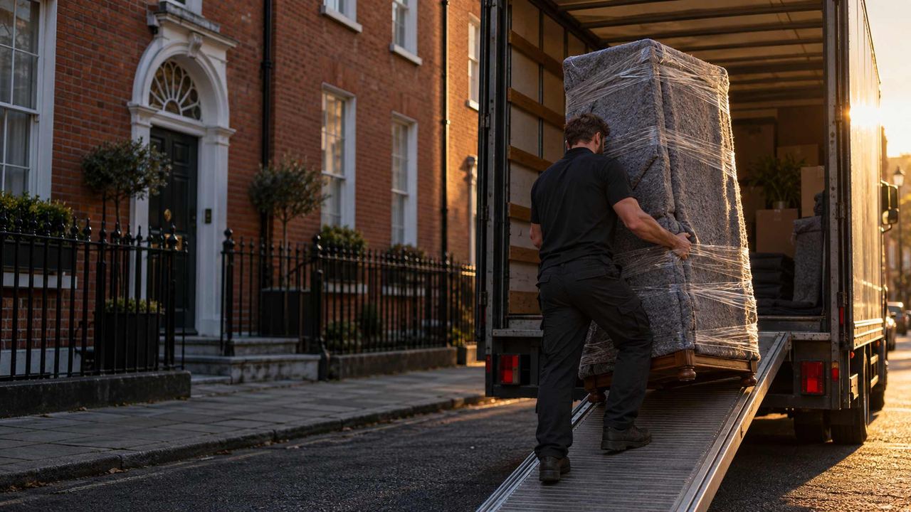A wrapped wardrobe going into the van in the evening light