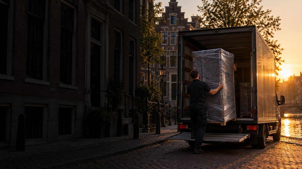 Een ingepakte kledingkast gaat 's avonds de wagen in