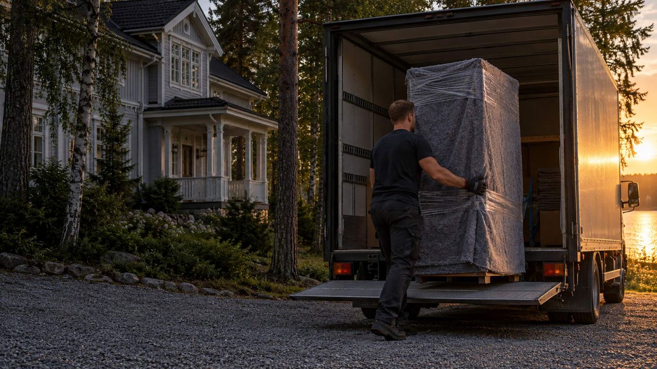 Pakattu vaatekaappi nostetaan autoon iltavalossa